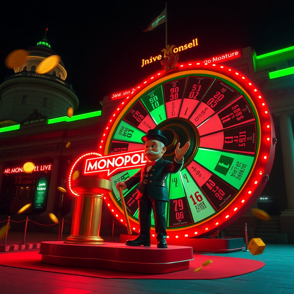 Monopoly Live giant money wheel spinning in front of the Jatiya Sangsad Bhaban in Dhaka at night, Mr. Monopoly character with a golden cane, vibrant green and red neon lighting, flying golden coins and dice, cinematic 8k resolution, photorealistic --ar 16